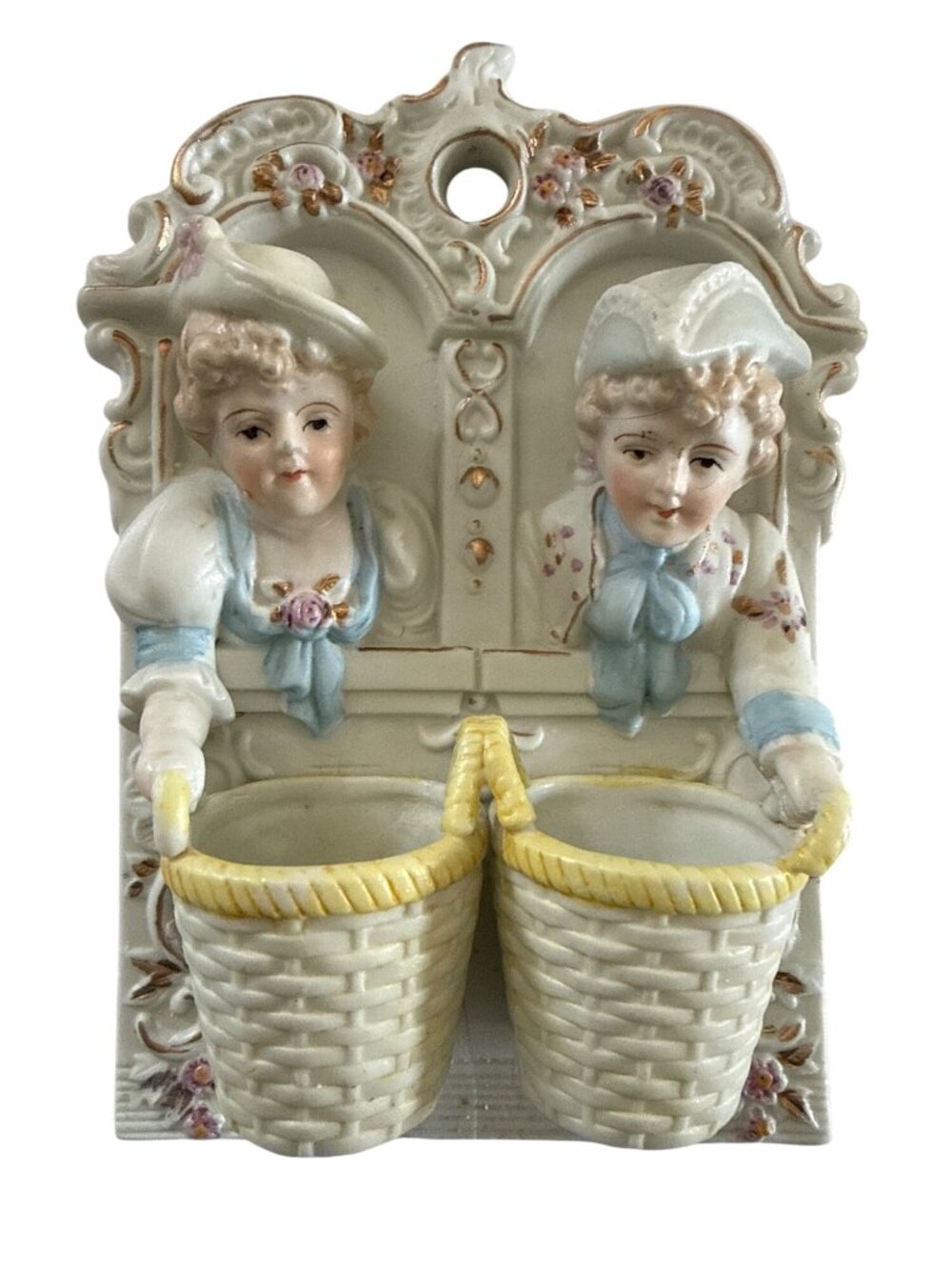 Occupied Japan Porcelain Colonial Man Woman Baskets Hanging Wall Match Holder